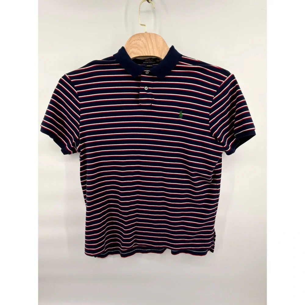 Polo Ralph Lauren Shirt Mens XXL Custom‎ Fit Striped Navy Red Cotton Green Pony